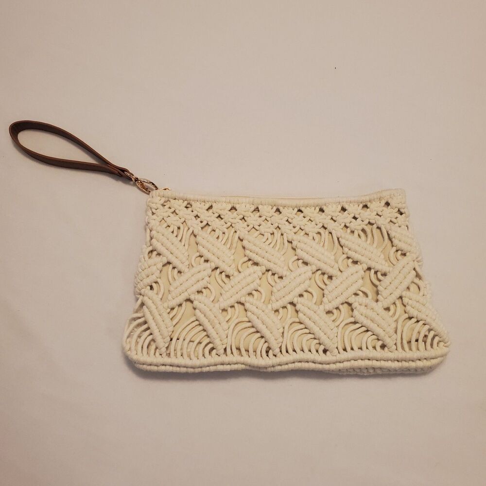 INC International Concepts White Macrame Faux Leather Wristlet Purse Hand Bag